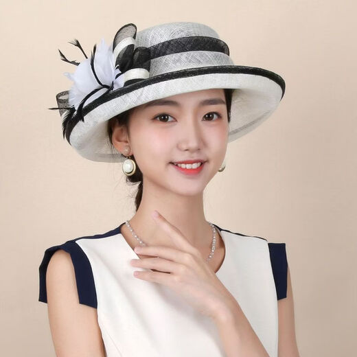Women's top hat, high-end, elegant, fashionable and elegant spring and summer hat, fisherman's hat, French roll-edge top hat for women, Philippine linen, off-white, black edge -M5190-1, adjustable 54-58cm windproof rope hat holder