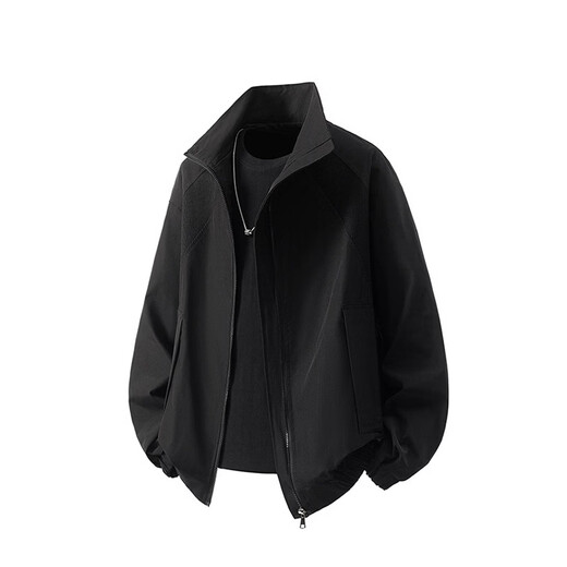 Cotton Jacket Men's Spring and Autumn American Stand Collar Pilot Solid Color Jacket Loose and Versatile Jacket Black XL