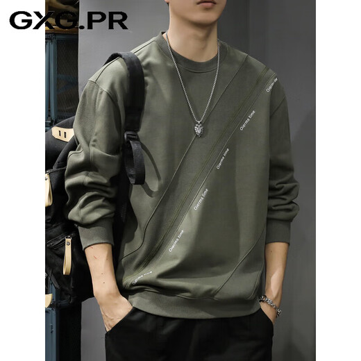 GXG.PR2026 autumn and winter trendy brand design spliced round neck sweatshirt men's American retro heavyweight loose large size long-sleeved top gray green M suitable weight 95-120Jin Jin equals 0.5 kg