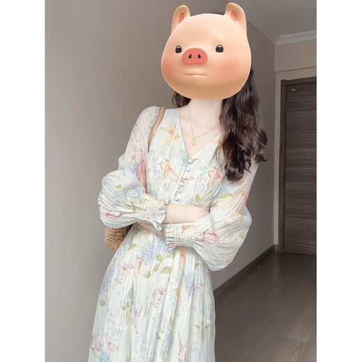 Rich collar opening ceremony mom dress spring French tea break V-neck floral women's new 2026 long sleeve petite waist mint print heavy floral dress XL recommended 120 to 125 Jin Jin equals 0.5 kg