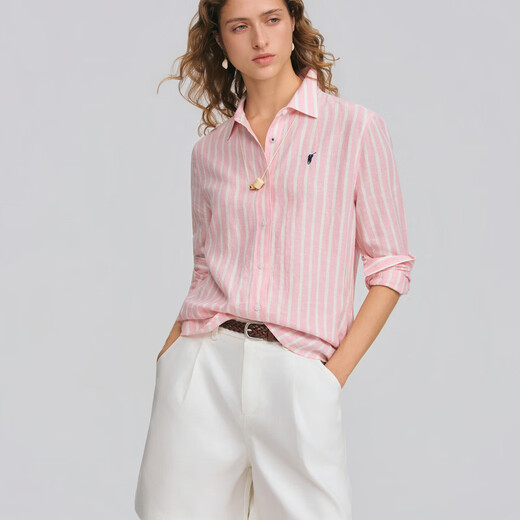 POLOWALK Women's Long Sleeve Shirt 2026 Spring New Contrast Stripe Lapel Commuting Casual Long Sleeve Shirt Pink S S