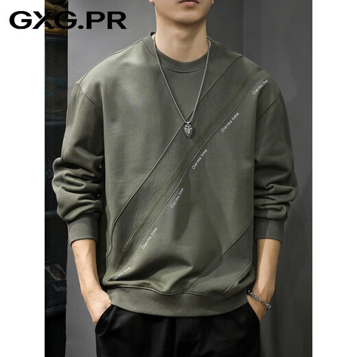 GXG.PR2026 autumn and winter trendy brand design spliced round neck sweatshirt men's American retro heavyweight loose large size long-sleeved top gray green M suitable weight 95-120Jin Jin equals 0.5 kg