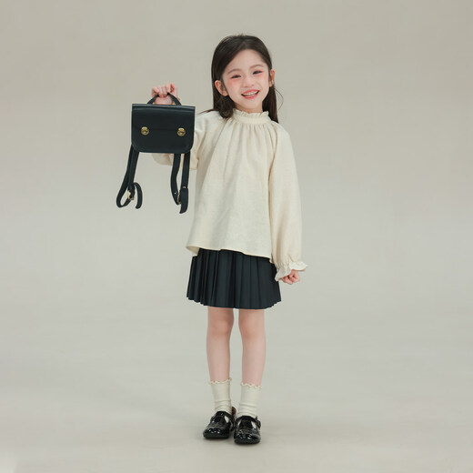 UTOUTO Big Ear Elephant Girls Fungus Lace Solid Color Shirt 2026 Spring New Style Baoer Casual Versatile Long Sleeve Top Oatmeal Apricot Spot 90