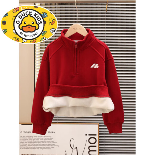 HAL.DUCK boys' autumn and winter sweatshirts with velvet and thickening 2026 new winter clothing all-in-one velvet big children's zodiac year red tops red velvet style 160 cm