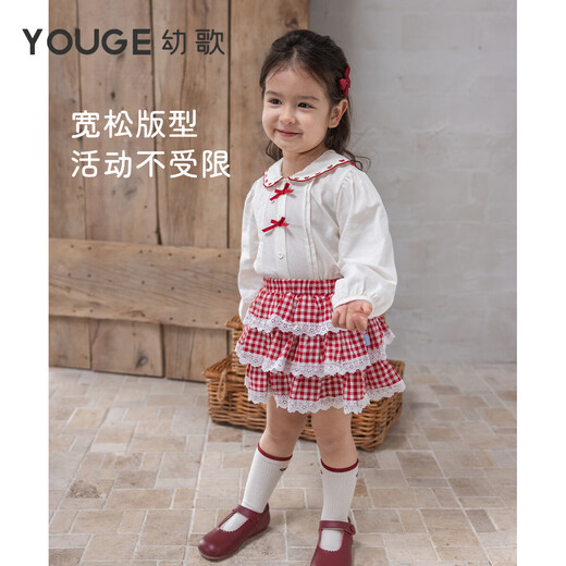 YOUGE spring new sweet bow navy collar shirt for infants and young children, loose and comfortable top