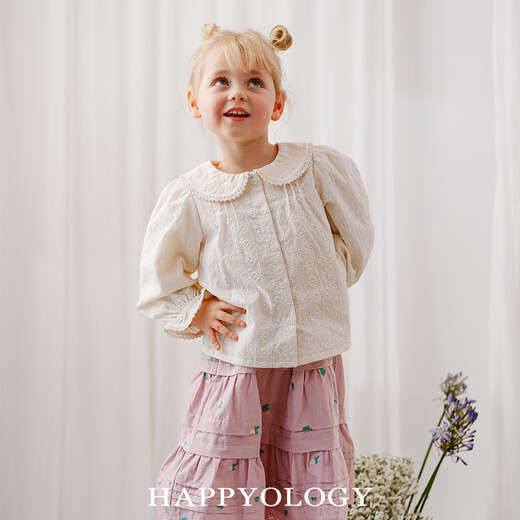 Happyology British children's spring and summer new tops girls children's clothing long-sleeved embroidered lapel lace shirt almond white 104 (104cm)