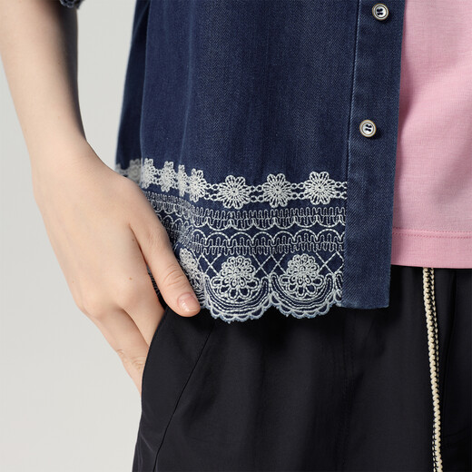 PLAIN PEOPLE Denim Denim Holiday Contrast Color Embroidered Short-Sleeved Shirt Top Women's Blue 2026 Summer New Dark Blue S