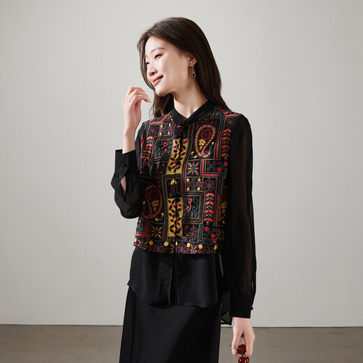 SOFSIL 2026 Spring New New Chinese Ethnic Style Heavy Industry Embroidered Shirt Women's Long Sleeve Stand Collar Versatile Slim Top