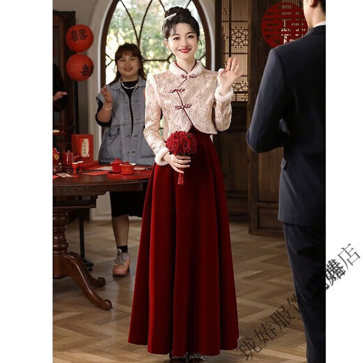 Longyu Chinese toasting suit bridal cheongsam winter velvet thickened wedding engagement velvet Xiuhe suit women winter burgundy XS