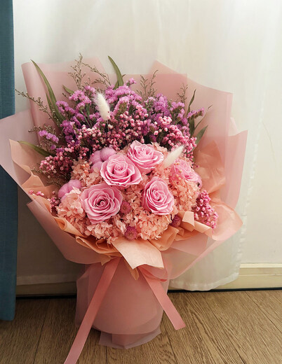 韩式粉色玫瑰永生花干花花束送闺蜜生日礼物母节礼盒女友上海 粉玫瑰永生花升级版大手捧 高近60cm
