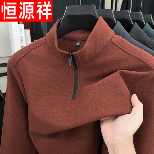 Hengyuanxiang 2026 Spring and Autumn Men's Half-Zip Stand Collar Sweatshirt Solid Color Business Casual Versatile Bottoming Shirt Long Sleeve T-Shirt Red M 48
