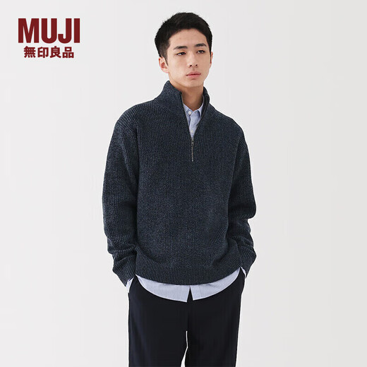 MUJI Men's Wool Medium Gauge Ribbed Knit Half-Zip Sweater 25 Years Winter Men's Clothing AA0TWA5A Smoked Blue M (170/92A)