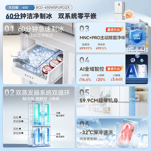 MeiLing Beluga 450/Xiaoxing 553 liter cross-door ultra-thin zero-flat inlay automatic ice making bottom cooling dual system dual cycle first-level air-cooled refrigerator BCD-450WSPU9CIZX