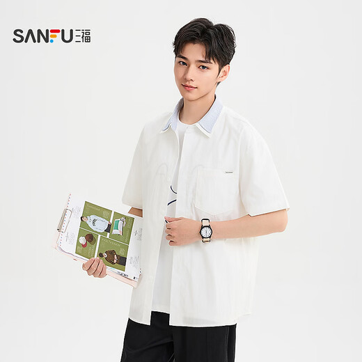 SANFU 2026 Summer Men's Double Lapel Short Shirt Fashionable Solid Color Slightly Dropped Top 522169 Blue L