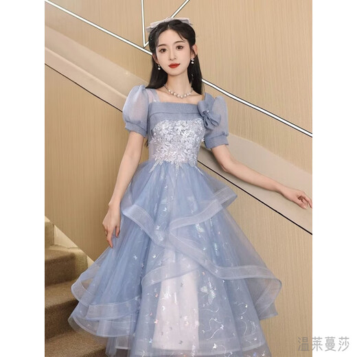 Wenlai Mansha dress, high-end light luxury niche evening dress, high-end adult ceremony dress, host can usually wear art exam dress, blue mid-length M