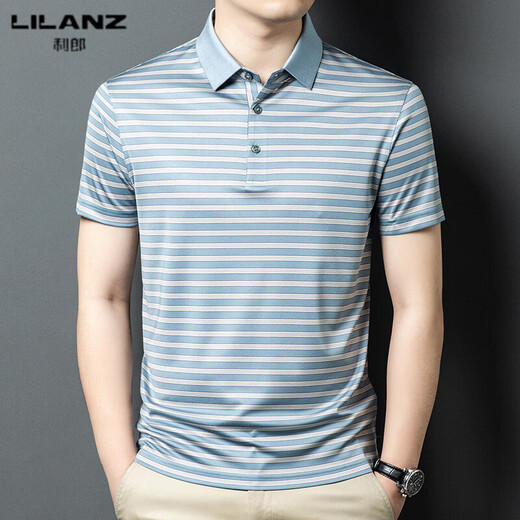 LILANZ men's summer new acetate lapel short-sleeved T-shirt for middle-aged men business casual with mulberry fashion gray M 48