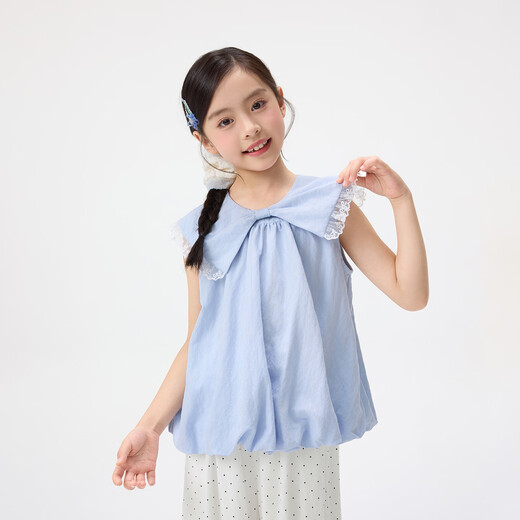 Xiaoyinman ropa para niños camisa con solapa de lazo para niñas 26 camisa fresca y cómoda con dobladillo grande para niños de mediados de verano azul 140