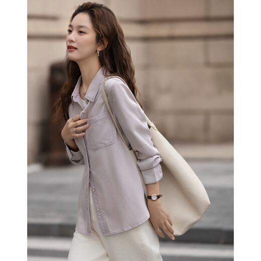 Demana Breathing 100 Lyocell Spring Urban Simple Style Lapel Patch Pocket Button Loose Women's Shirt