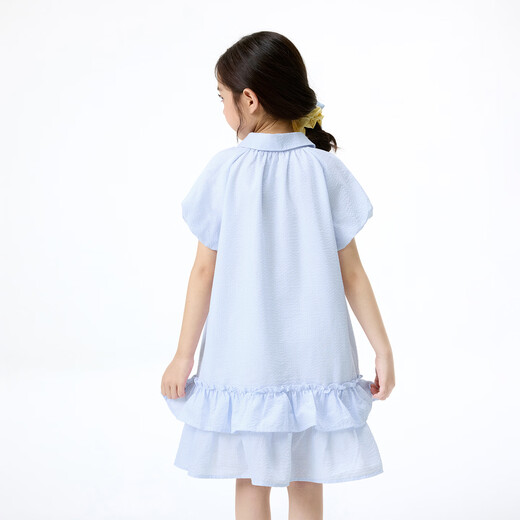 Xiaoyinman children's clothing girls cute puff sleeve dress 26 mid-summer big children's shirt lapel comfortable casual skirt blue strip 110