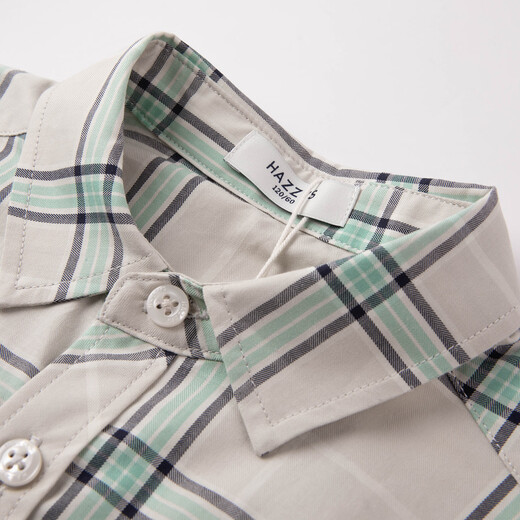 HAZZYS children's clothing boys' shirt 2026 spring new lapel woven plaid casual long-sleeved top barley gray 110