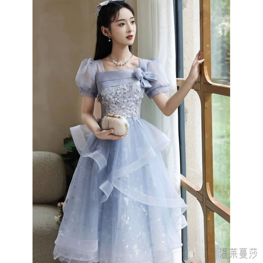 Wenlai Mansha dress, high-end light luxury niche evening dress, high-end adult ceremony dress, host can usually wear art exam dress, blue mid-length M