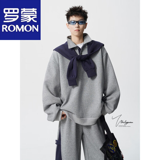 ROMON V37 American retro high street contrasting color shawl sports sweatshirt men's autumn fashion brand loose casual gray couple suit suit black M (105-120Jin Jin equals 0.5 kg)