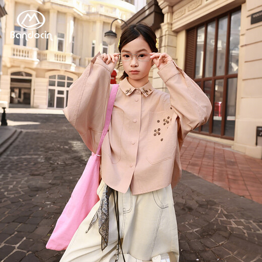 BANDOCIN Half-time girls summer long-sleeved shirt thin breathable new fashion style casual apricot pink 130