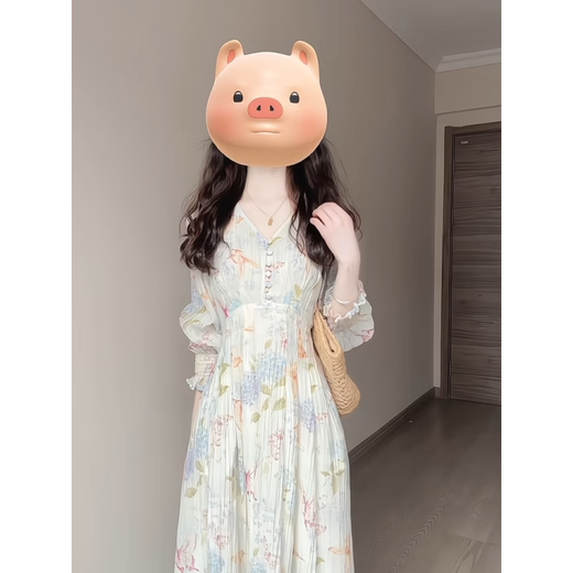 Rich collar opening ceremony mom dress spring French tea break V-neck floral women's new 2026 long sleeve petite waist mint print heavy floral dress XL recommended 120 to 125 Jin Jin equals 0.5 kg