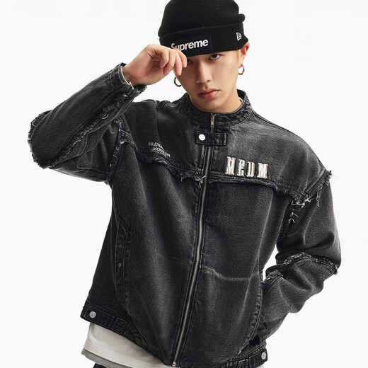 MEDM structured raw edge denim suit--jacket washed and distressed structural line design casual zipper jacket spring black gray S