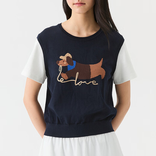 Broadcast holiday two-piece round neck short-sleeved sweater for women 26 summer new interesting loose top DDT2SD5622 B80 dark gray blue M