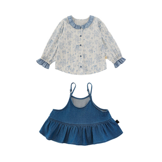 Young girls 2026 spring new long-sleeved ruffled lace floral shirt layered denim suspender children's cover