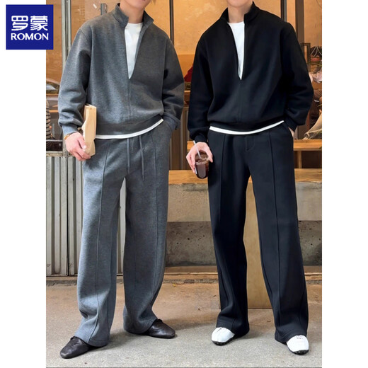 ROMON spring design stitched collar fake two-piece sweatshirt suit for men, trendy, handsome, high-end, old money style two-piece suit, black regular M