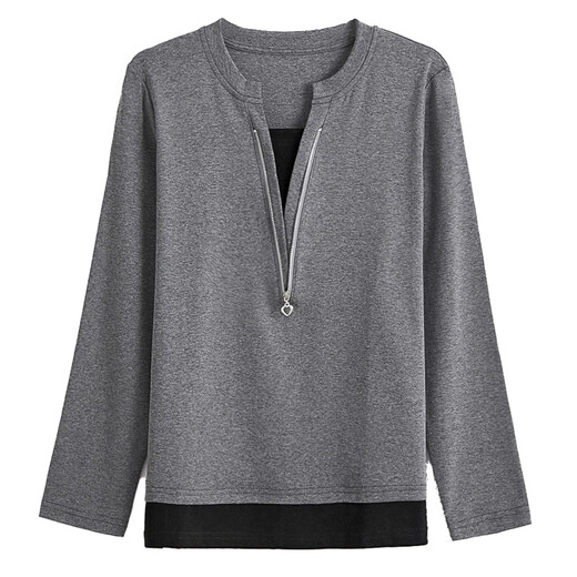 F1Maje1T DISEÑADOR DE ALTODA DEL ALGODAD DEL ALGODAD DEL COTHER falso de dos piezas Camiseta de manga larga para mujeres en V neck a principios de otoño nuevo color de contraste camisa de base suelta gris/9894 L [Sugerir peso 110-120 Jin [Jin iguala 0.5 kg]]]
