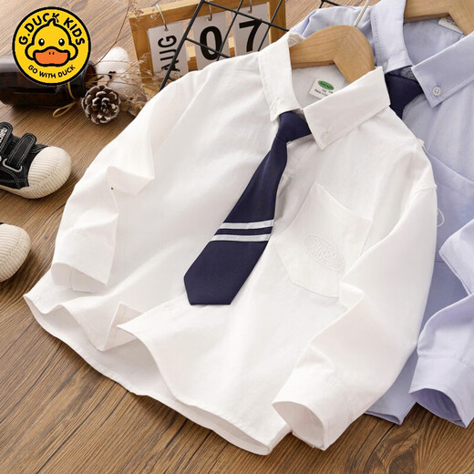 G.duck boys' college style tie white shirt spring and autumn new children's long-sleeved shirt cotton baby boy spring top white free tie 100 cm