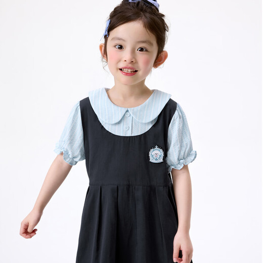 Xiaoyinman girls fake two-piece dress college style cartoon embroidery 26 summer dress fashionable and sweet doll collar suspender skirt navy 105