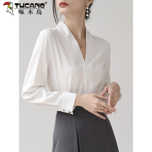 Woodpecker high-end collarless white shirt women's work clothes top autumn style temperament chiffon v-neck professional long-sleeved shirt white L