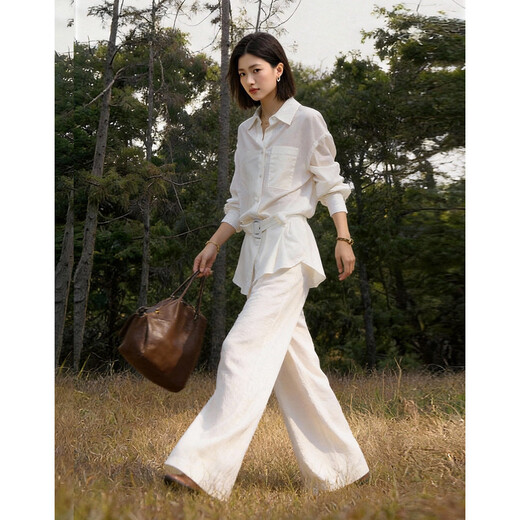 Demana Breathable Linen Spring Cool Intelligent Lapel Outer Shirt Belt to Cinch the Waist Women's Shirt