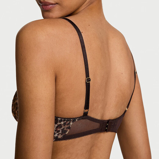 Victoria's Secret fashionable embroidered unpadded half cup bra Geo Leo sexy deep V neckline comfortable satin women's underwear leopard print/Shimmer one size 32E