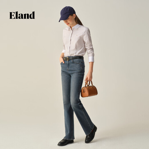 ELANDEland shirt women's cotton contrasting lapel single-breasted long-sleeved top 2025 new EEYWF49E02 gray 160