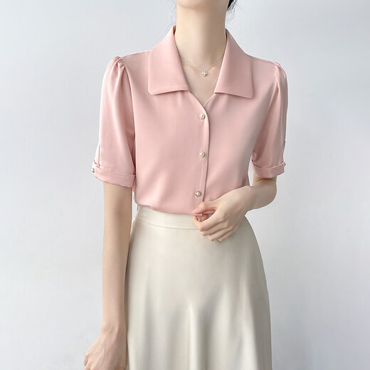 LIIS2026 new high-end big-name professional commuting white short-sleeved shirt for women, simple temperament, lapel, puff sleeves, pearl white XS 70-95Jin Jin equals 0.5 kg