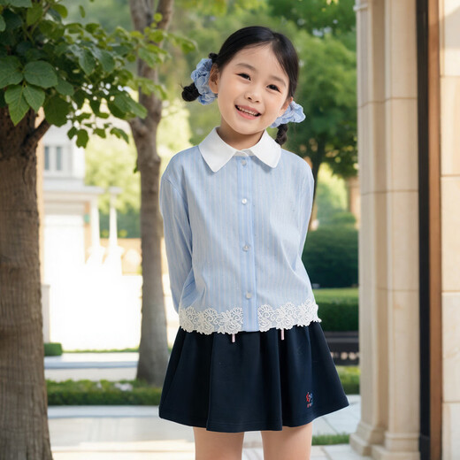 EP YAYING (EP YAYING) Shopping mall same style EP Yaying children's clothing 2026 spring girls new lace splicing hem long-sleeved shirt casual style blue 150