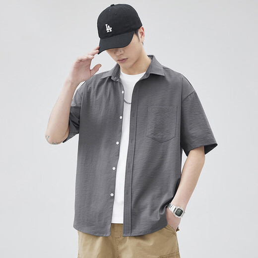 Baleno SK series shirt men's summer solid color Japanese lapel short-sleeved shirt men's loose large size casual top jacket beige gray XL