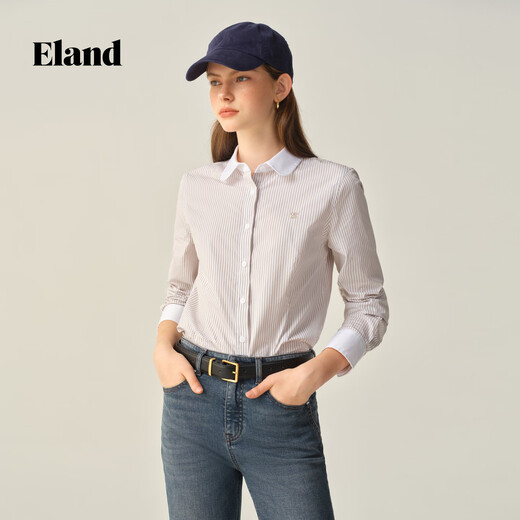 ELANDEland shirt women's cotton contrasting lapel single-breasted long-sleeved top 2025 new EEYWF49E02 gray 160