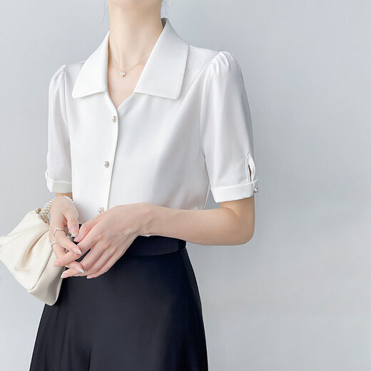 LIIS2026 new high-end big-name professional commuting white short-sleeved shirt for women, simple temperament, lapel, puff sleeves, pearl white XS 70-95Jin Jin equals 0.5 kg