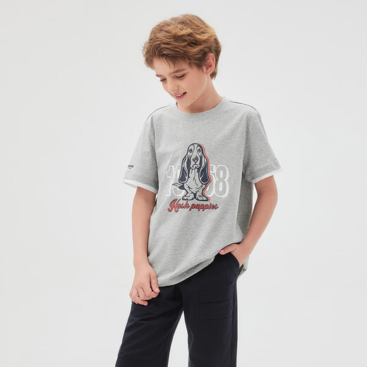 Hush Puppies children's clothing for boys and girls 2026 spring and summer new knitted solid color fake two-piece crew neck T-shirt floral gray 170 cm