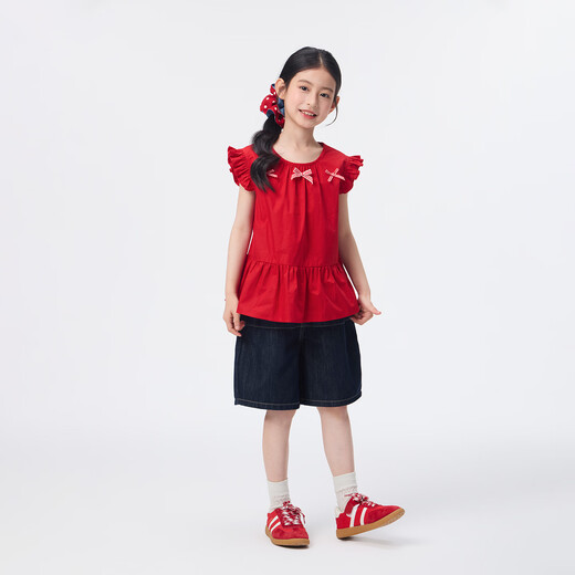 Xiaoyinman children's clothing girls small flying sleeve shirt bow decoration 26 summer children's casual tops for middle and large children red 160