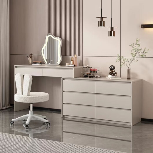 Solid wood dressing table, simple and modern cream style dressing table, bedroom storage cabinet, bedside drawer and integrated desk, milk coffee white, petal chair + cloud mirror, 40 width, door-to-door delivery and installation included