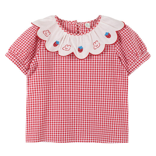 Xiaoyinman children's clothing girls cartoon wave collar shirt breathable 26 years old children's loose casual short-sleeved top red plaid 140