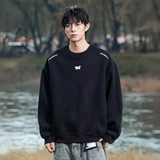 Playboy 400g American heavyweight men's sweatshirt high street trendy casual loose couple top spring American round neck jacket black M