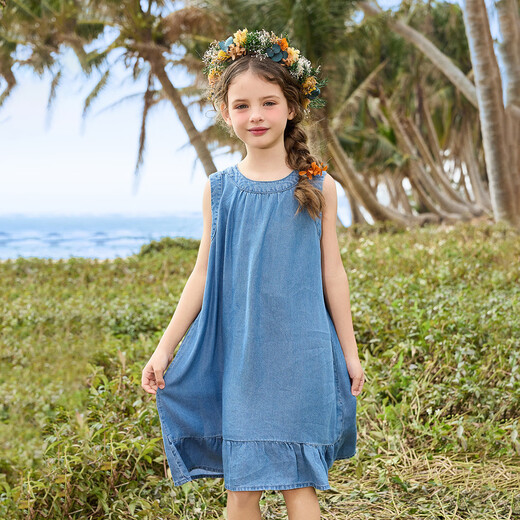 ASK JUNIOR children's skirt summer vacation Tencel denim skirt medium and large children's suspender skirt dress girl princess skirt